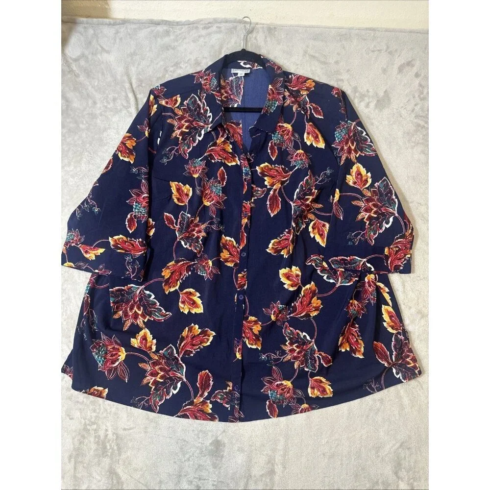 Catherines 3X Blouse Navy Multicolor Leaf Print Stretch Button Front 3/4 Sleeve - Picture 2 of 10